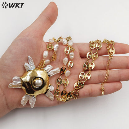 WT-JN248 Wholesale Punk Style  Crystal Quartz/Freshwater Pearl  18 inch Gift For Women   Sun Shaped Gemstone Necklace