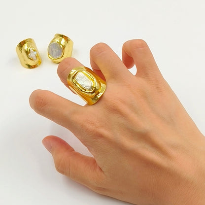 WT-R328 Classic Unique Each One Is Different Shell Jewelry in Gold Plated Adjustable Women's Fine Natural Freshwater Pearl Rings
