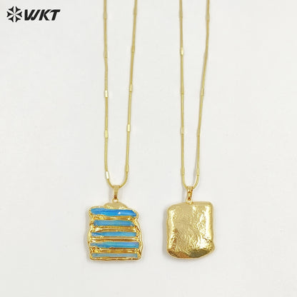 WT-N1494 Amazing Women Natural Aura Aqua Quartz Stone Pendant Necklace Gold Plated Tiny Chain Wholesale Jewelry Birthday Gift