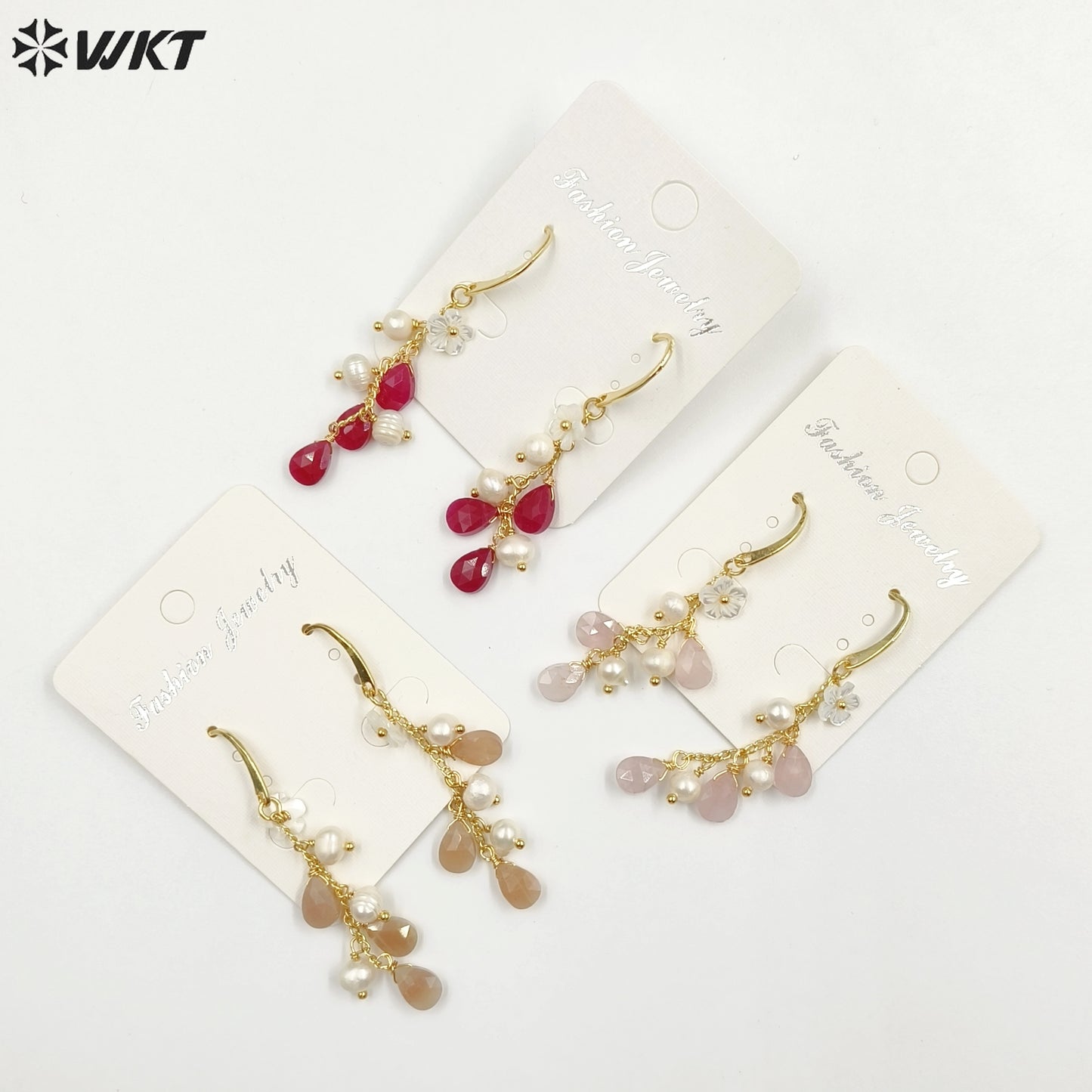 WT-MPE109 Bohemia Regular Natural Pearl and Stone 18k Gold Plated Gift for Women Weeding 62mm Romantic Pendant Earrings