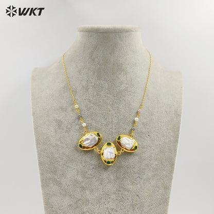 WT-JN267 Newest Gorgeous Lady Fashion Gold Plated Triple Freshwater Pearl Handmade Themed Pendant Necklace 16 Inch Long