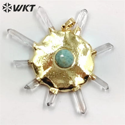 WT-P1884 WKT New Design Fashion Crown Shape Crystal Quartz Pendant Boho Women Round Wheel Stone Pendant for Necklace