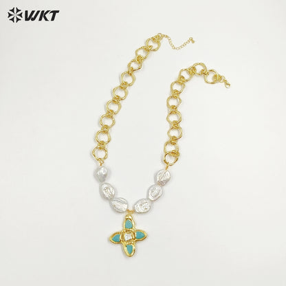 WT-JN324 Amazing Popular Christian High Precious Freshwater Pearl and Cross Turquoise Pendant Necklace with Chunky Chain