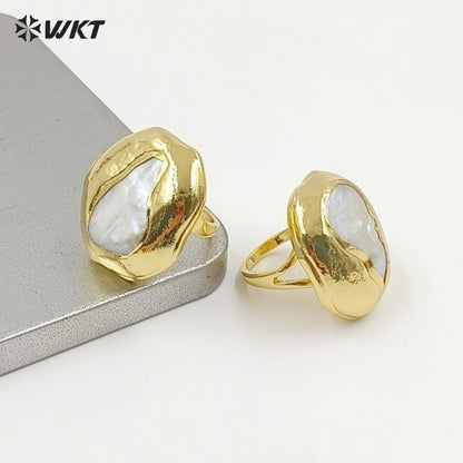 WT-MPR168 Luxury 18K Gold Plated Irregular Shape Natural Freshwater Pearl Rings Adjustable Size For Lady Fashion Jewelry