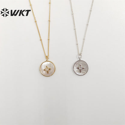 WT-JN213 WKT New Delicate Round Shell Necklace Micropaved Cubic Zircon White Pearl Shell Pendant Necklace With 18inch Chain