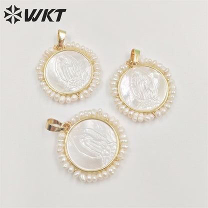 WT-JP256 New Design the God of Mother Virgen Maria Shell Pendant Fashion Gold Bezel White Round Amen Madrededios Pendants