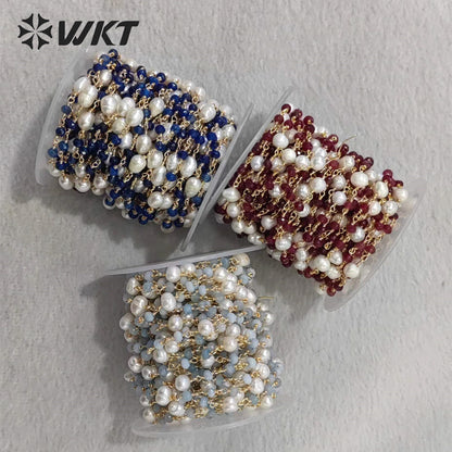WT-RBC225 Wholesale New Arrival Exquisite Brass Chain Gold Plated Stone & Pearl Shell Shape Sell by Meter Handmade Metal Chain