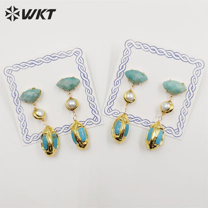 WT-E710 Wholesale Newest Fashion Gold Triple Stone Combined Earrings Women Wire Wrapped Handmade Gemstone Quartz Earrings