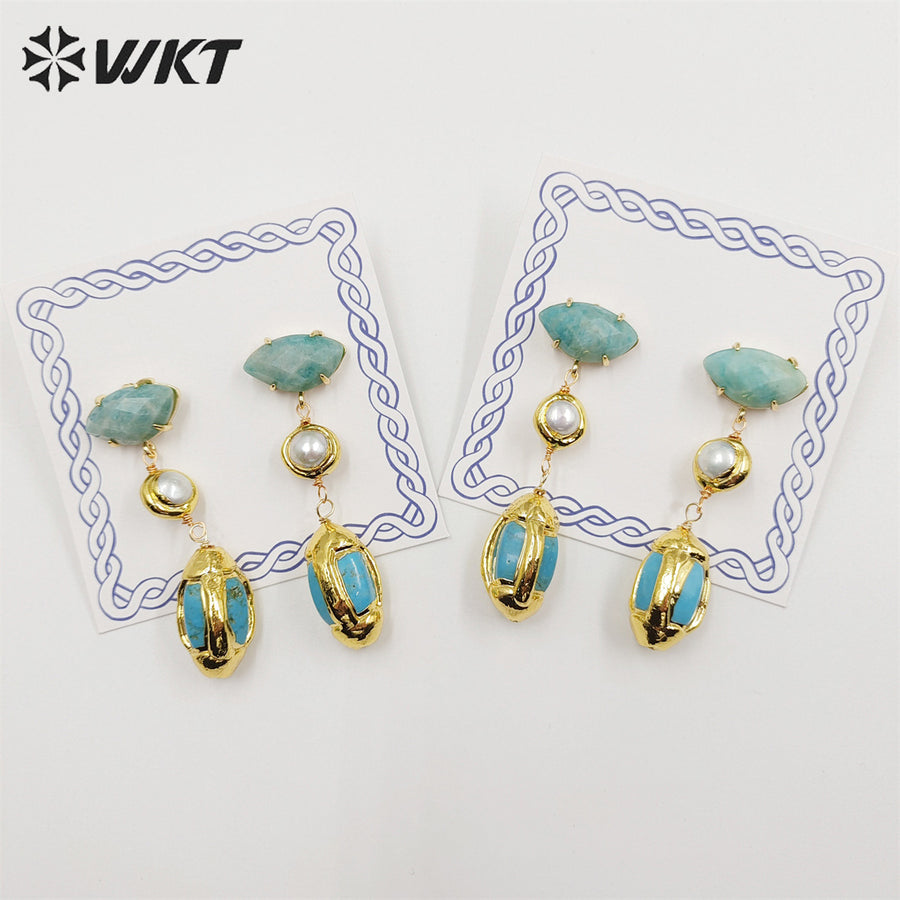 WT-E710 Wholesale Newest Fashion Gold Triple Stone Combined Earrings Women Wire Wrapped Handmade Gemstone Quartz Earrings