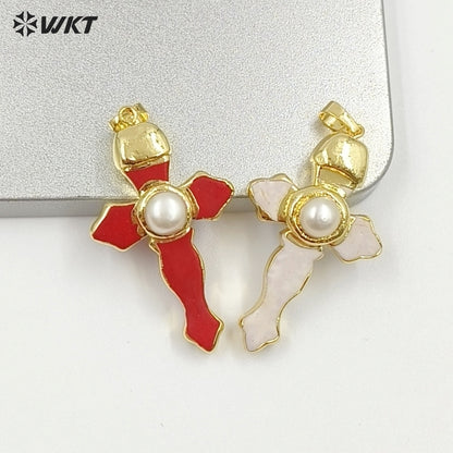 WT-P2092 New Arrival Gold Plated Multi Colors Natural Turquoise Stone And Pearl Cross Charm Pendants As Lady Jewelry Accessory