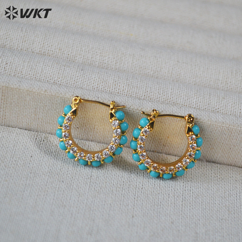 WT-E822 Exquisite Trendy Natural Turquoise And Cubic Zircon Gold Plated Round Earrings For Lady Party Decorative Jewelry