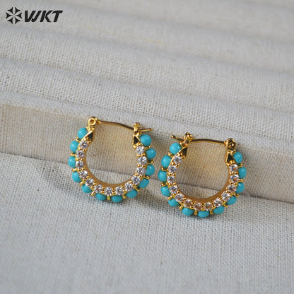 WT-E822 Exquisite Trendy Natural Turquoise And Cubic Zircon Gold Plated Round Earrings For Lady Party Decorative Jewelry