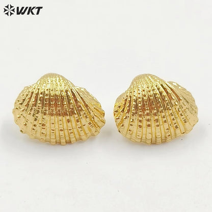 WT-MPE134 Newest 18K Full Gold Plated Vintage Bohemian Natural Full Gold Dipped Sea Scallop Shell Women Earring Studs