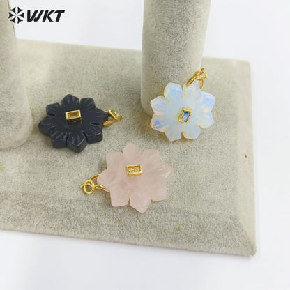 WT-P2095 Romantic Colorful Natural Gemstones And Zircon Snowflake Shape Charm Pendants As Lady Handmade Earrings Findings