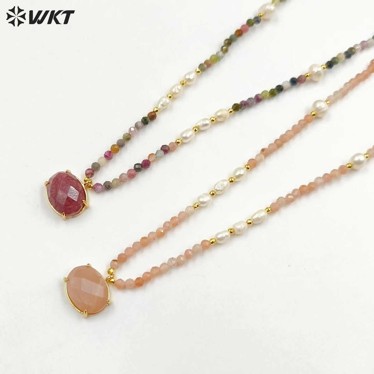 WT-N1445 WKT Best 2023 Newest Natural Gemstone and Pearl Women Simple Hoop Aura 16+2inch Stone Beads Necklace