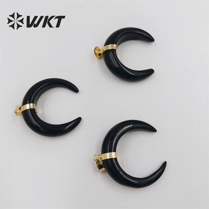 WT-P949 Newest Natural Black Obsidian Crescent Horn Moon Pendant Single Loop Gold Bezel Horn Stone Pendant
