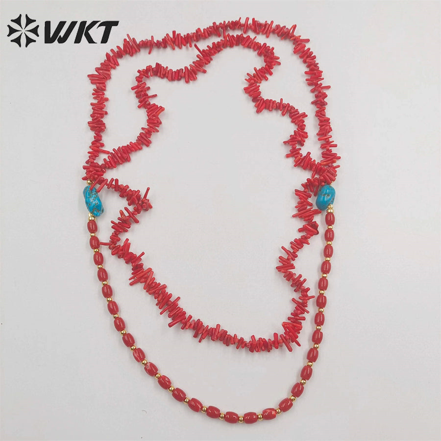 WT-N1420 Gorgeous Natural Red Coral Necklace 28inch Long Triple Layer Vintage Boho Beads Necklace Casual Long Statement Necklace
