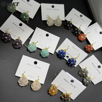 WT-E799 Popular Sale Gold Plated Zircon And Multi Natural Gemstones Flower Shape Pendant Earrings As Women Birthday Gifts