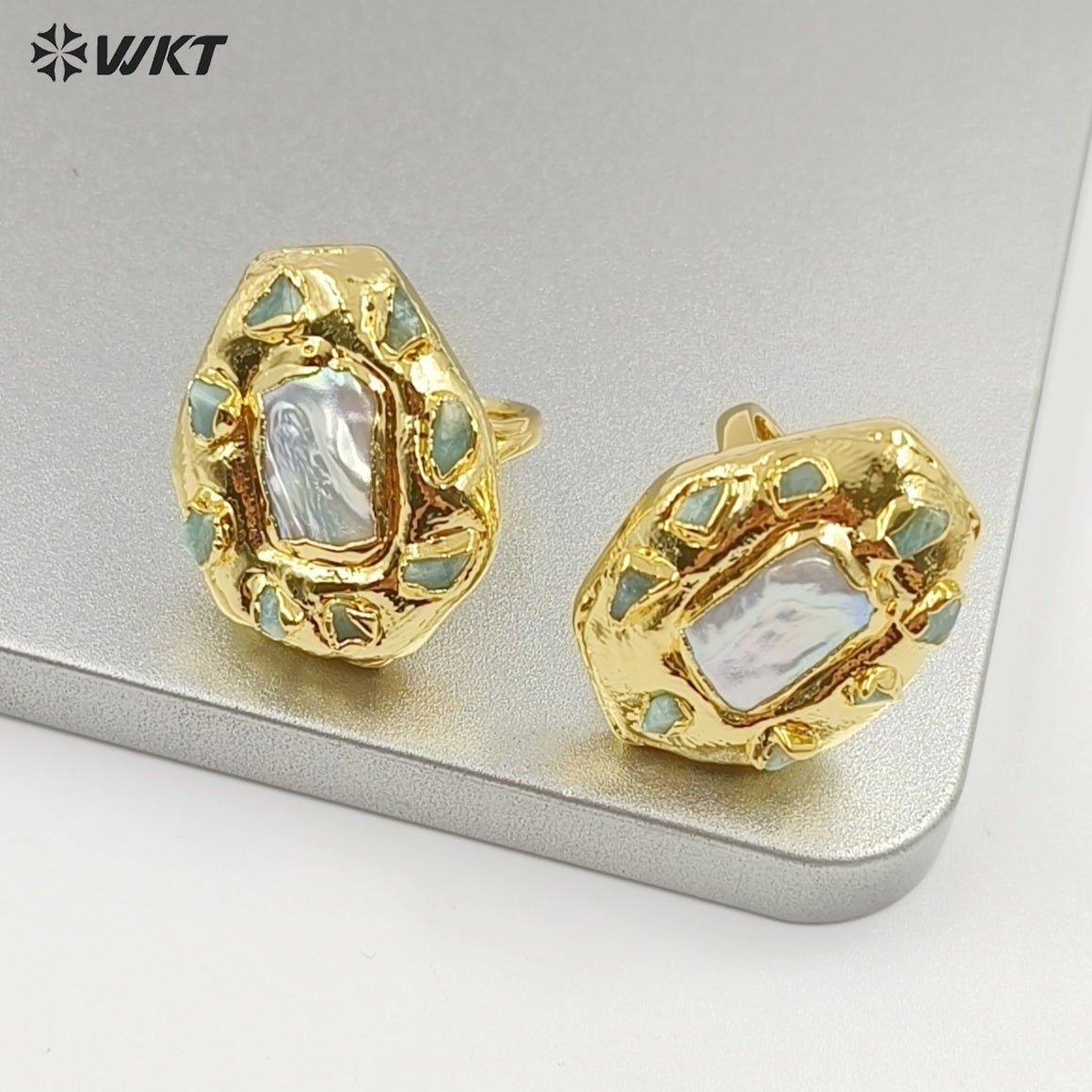 WT-MPR132 Wholesale Punk Style Ring 18K Gold Plated With Natural Stone and Pearl Handmade Daily Ring