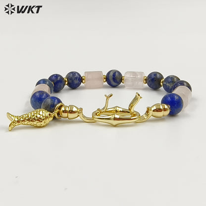 WT-B711 Trendy Gold Plated Natural Gemstones Beads With Little Fish Shell Charms Women Bracelets For Daily Decorative Jewelry