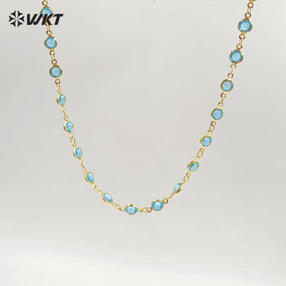 WT-RBC230 Super Hot 18K Real Gold Plated Aqua Crystal Round Beads Chain for Women Jewelry Necklace DIY Design Findings