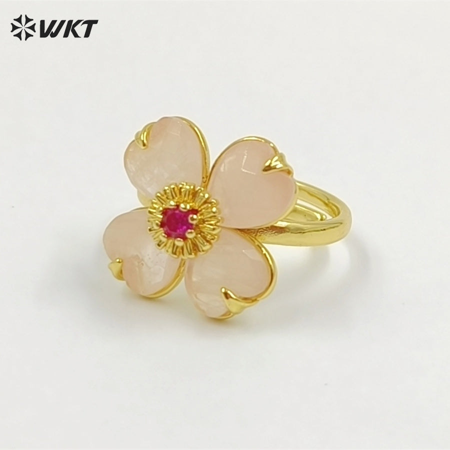 WT-R602 Gorgeous Design Gold Plated Zircon And Colorful Natural Gemstone Flower Shape Rings Adjustable For Party Wearing Jewelry