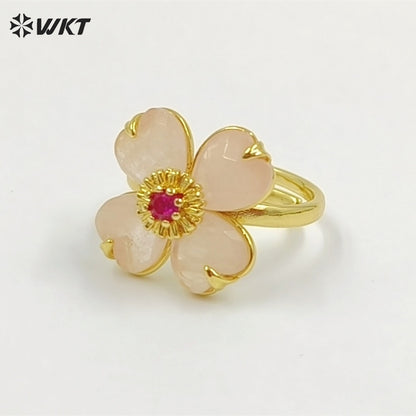 WT-R602 Gorgeous Design Gold Plated Zircon And Colorful Natural Gemstone Flower Shape Rings Adjustable For Party Wearing Jewelry