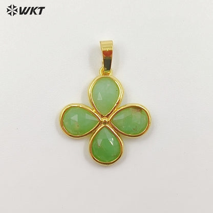 WT-P2031 Romantic Lovely Gold Plated Lucky Four Leaves Clover Flowers Shape Natural Gemstone Pendants For Ladies Necklace DIY