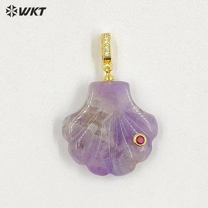 WT-P2097 Lovely Design Natural Gemstones And Colorful Zircon Hand Carved Shell Shape Little Pendants For Female Jewelry DIY
