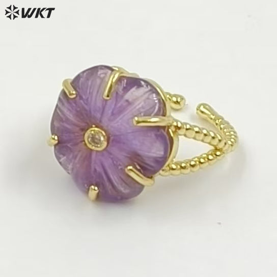 WT-R584 Wonderful Gold Plated Zircon And Natural Gemstones Lovely Flower Shape Adjustable Rings For Women Party Wearing Jewelry