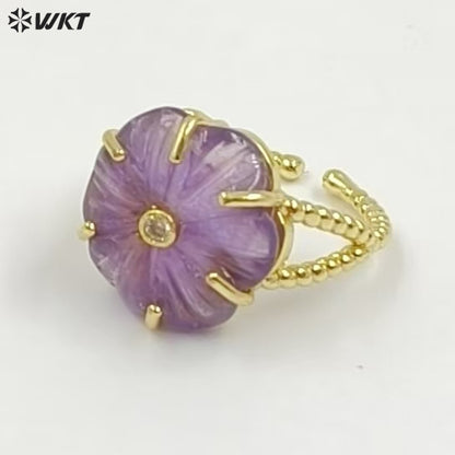 WT-R584 Wonderful Gold Plated Zircon And Natural Gemstones Lovely Flower Shape Adjustable Rings For Women Party Wearing Jewelry