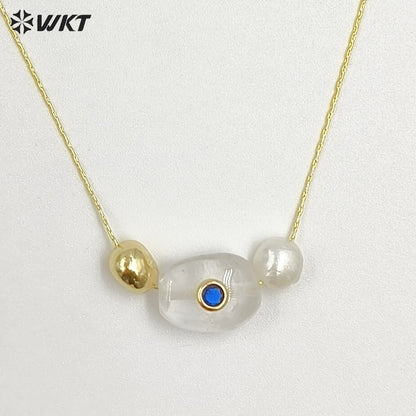 WT-N1541 Elegant Trendy Style Gold Electroplated Tiny Chain With Natural Gemstone And Pearl Pendant Necklace For Daily Wearing