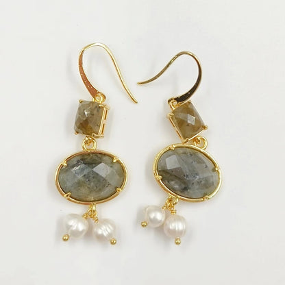 WT-MPE110 Bohemia Elegant Natural Pearl and Stone 18k Gold Plated Gift for Women Weeding 58mm Romantic Pendant Earrings