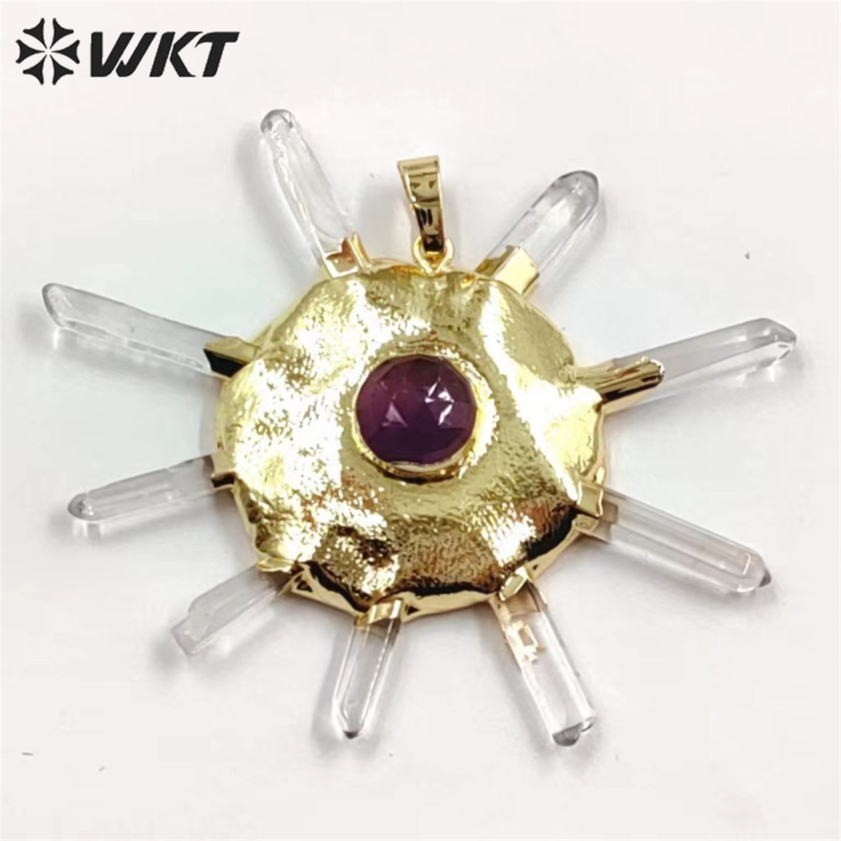 WT-P1884 WKT New Design Fashion Crown Shape Crystal Quartz Pendant Boho Women Round Wheel Stone Pendant for Necklace