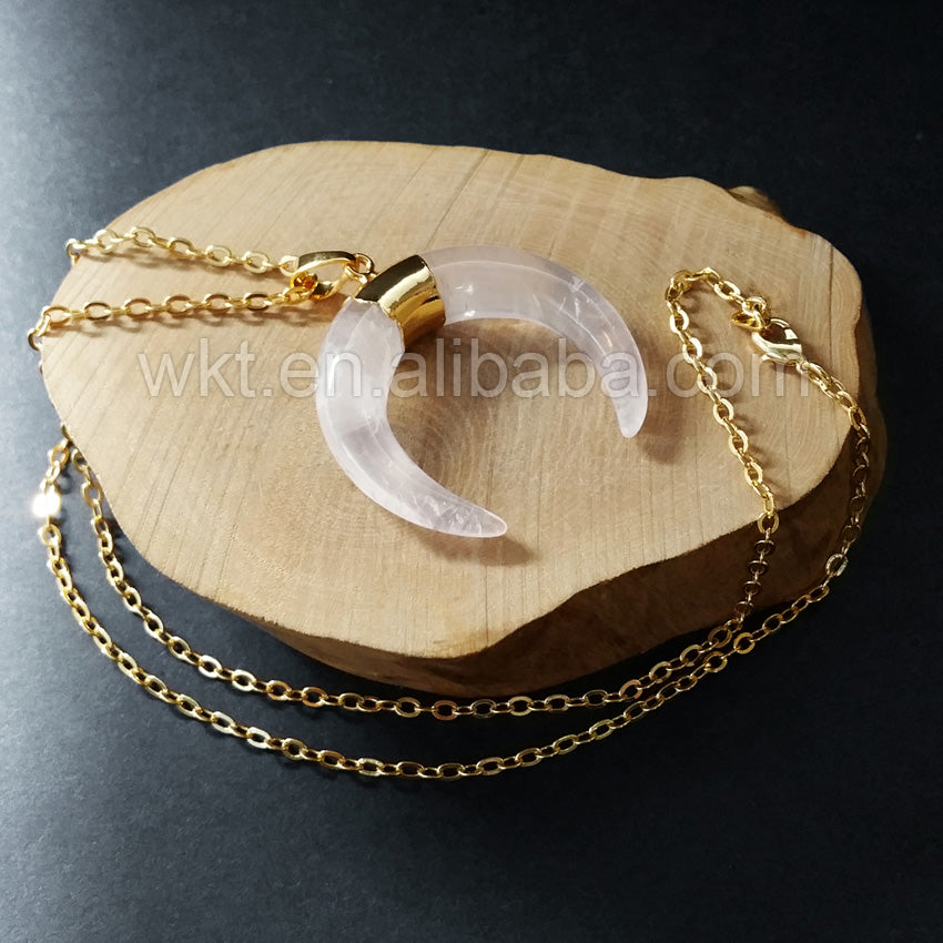 WT-N701 Wholesale Hot Shape Natural Stone Crescent Horn Half Moon Horn Necklace Rose Quartz and Green Chalcedony Horn