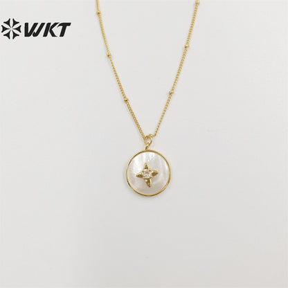 WT-JN213 WKT New Delicate Round Shell Necklace Micropaved Cubic Zircon White Pearl Shell Pendant Necklace With 18inch Chain
