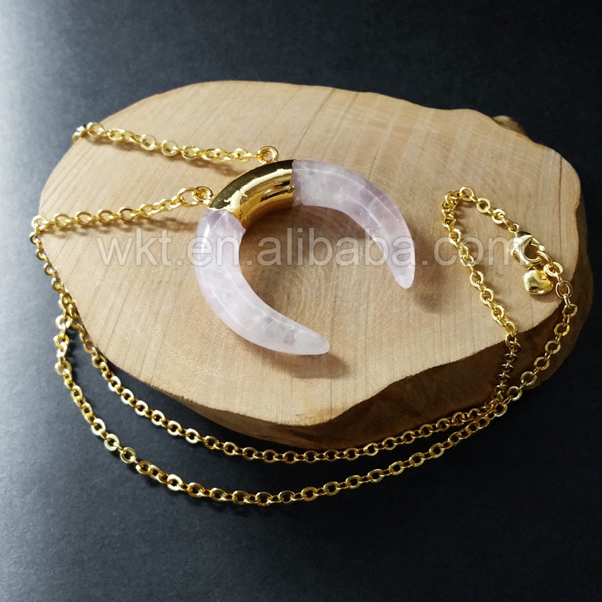 WT-N703 Wholesale New Crescent Horn Stone Necklace With Double Loops in Gold Plated