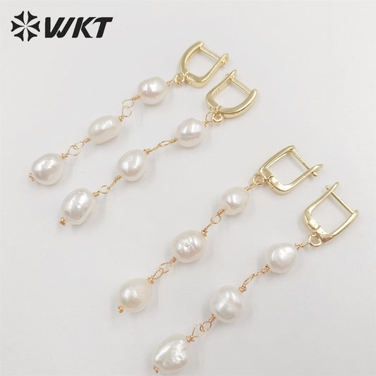 WT-MPE078 New Elegant Triple Freshwater Pearl Beads Make Clasp Earrings Fashion Gold Dangling Wire Wrapped Real Pearl Earrings