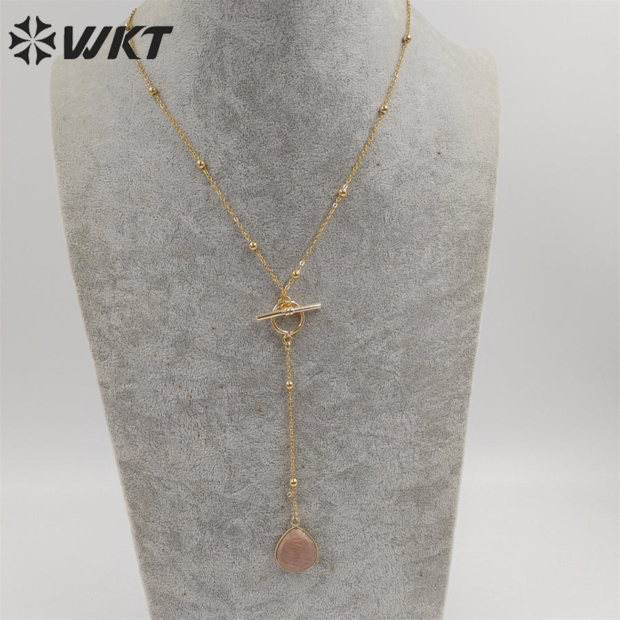 WT-N1386 WKT Newest Fashion Gold Plated Women Lariet Pendant Necklace Gold Beads Chain Themed Stone Necklace