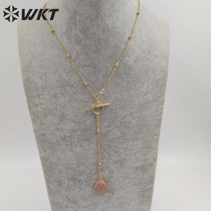WT-N1386 WKT Newest Fashion Gold Plated Women Lariet Pendant Necklace Gold Beads Chain Themed Stone Necklace