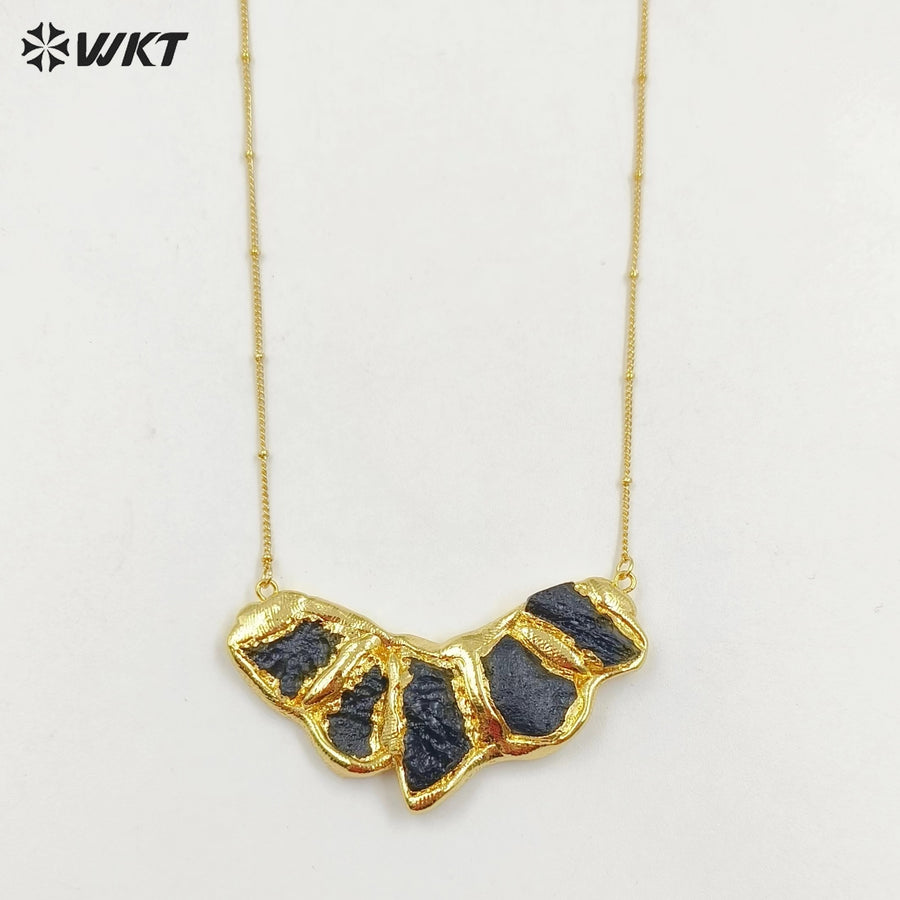 WT-N1476 New Design Popular Hand Made 18k Real Gold Plated Natural Black Meteorite Stone Pendant Necklace
