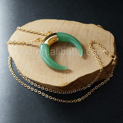 WT-N703 Wholesale New Crescent Horn Stone Necklace With Double Loops in Gold Plated