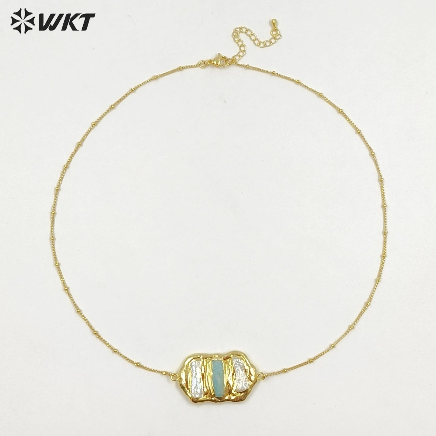 WT-JN136 Wholesale New Triple Stone Statement Necklace 18 Inch Long Gold Pearl and Stone Mix Birthday Gift Women Necklace