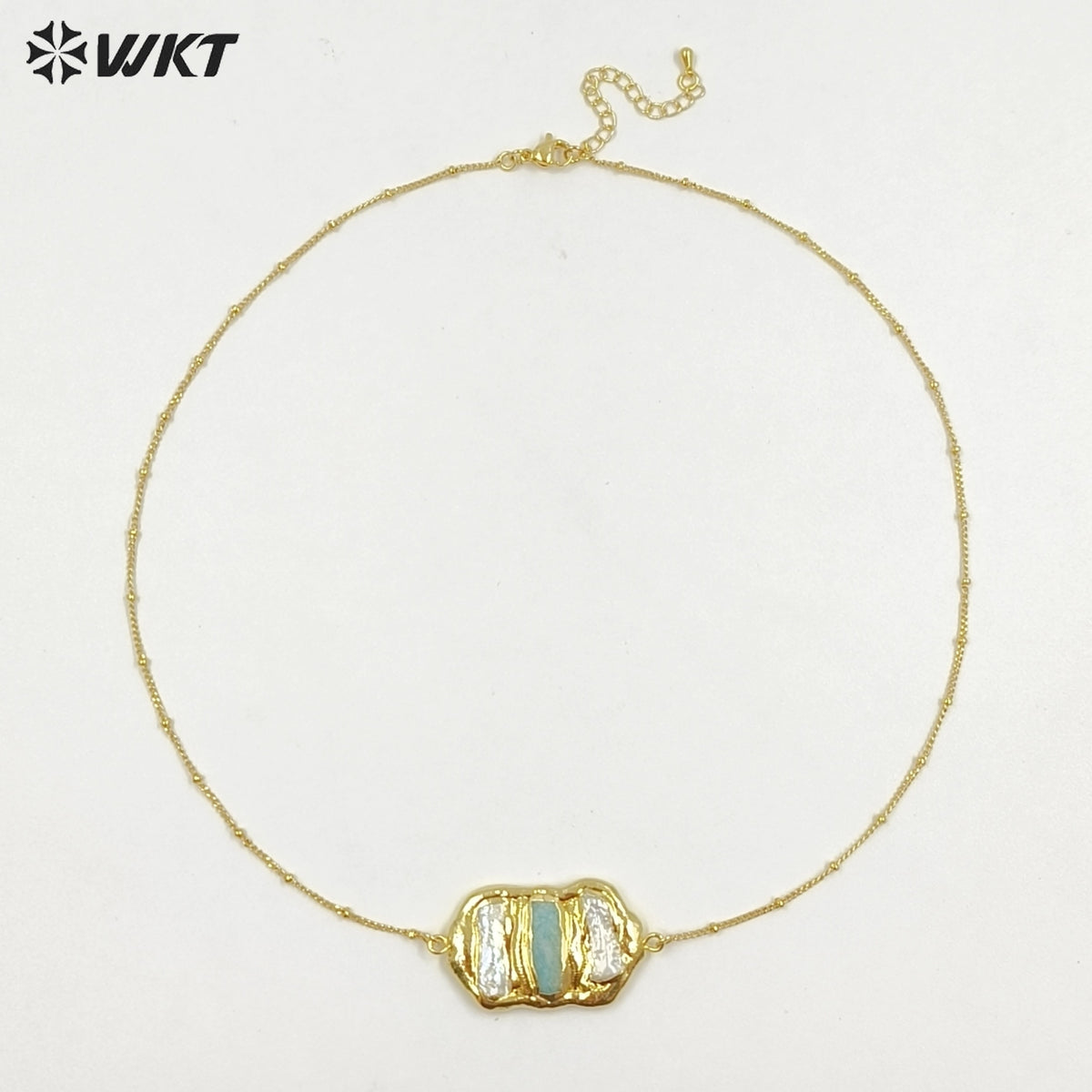 WT-JN136 Wholesale New Triple Stone Statement Necklace 18 Inch Long Gold Pearl and Stone Mix Birthday Gift Women Necklace