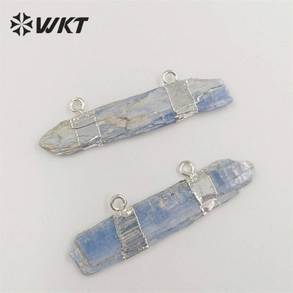 WT-P527 Rough Blue Kyanite Double Loops Bail Pendants, Fashion Gemstone Gold Dipped Natural Stone Pendants
