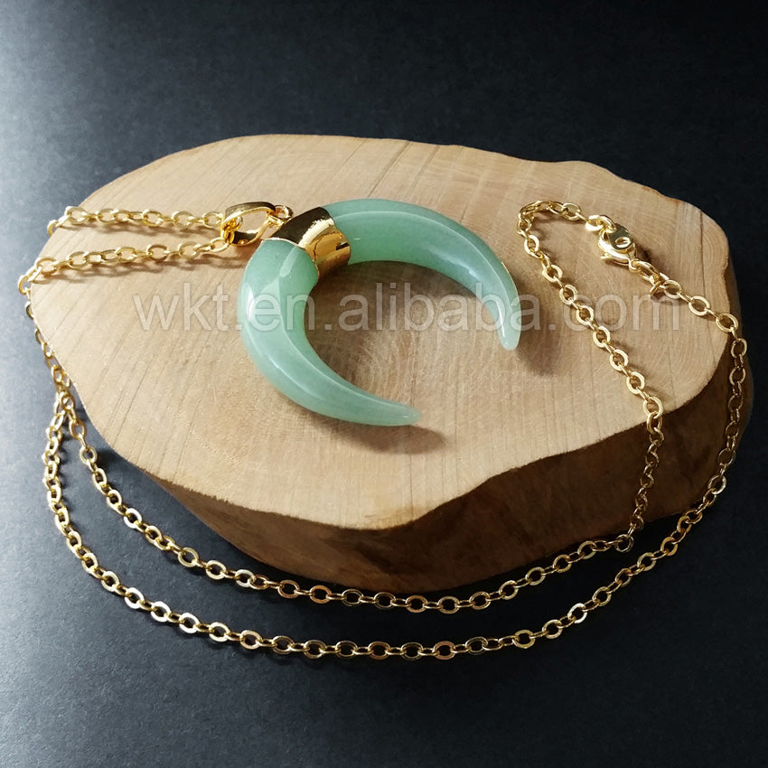 WT-N701 Wholesale Hot Shape Natural Stone Crescent Horn Half Moon Horn Necklace Rose Quartz and Green Chalcedony Horn