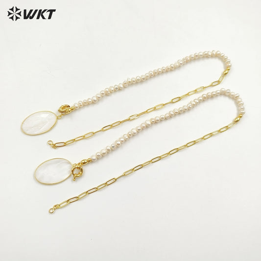 WT-JN128 WKT Unique Amazing Chic Design Women Hand Make Carved Religious Christian Mary Jesus Pendant 18real Gold Shell Necklace