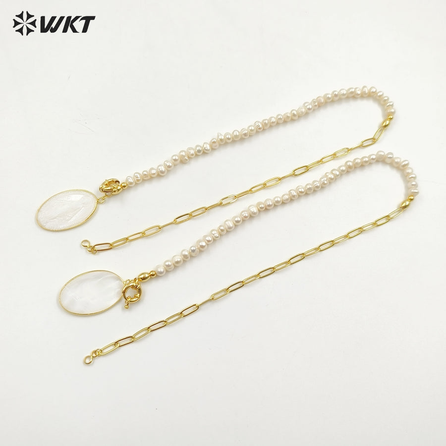 WT-JN128 WKT Unique Amazing Chic Design Women Hand Make Carved Religious Christian Mary Jesus Pendant 18real Gold Shell Necklace