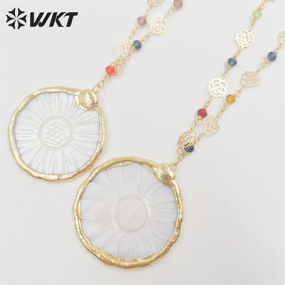 WT-JN216 Amazing Beauty White Sunflower Shell Necklace Natural White Shell Made Flower Charm Beads Necklace for Gift
