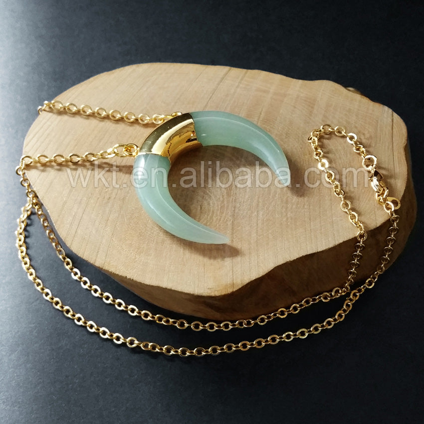 WT-N703 Wholesale New Crescent Horn Stone Necklace With Double Loops in Gold Plated